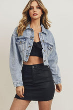 Load image into Gallery viewer, Oversized Cropped Jean Jacket - Raw Fashion  , Tops, oversized-cropped-jean-jacket, Coat, Jeans, Outerwear, Womens women&#39;s clothing modern style unique canada order online