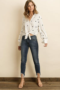 Polka Dot Tie Front Tie Knot Top - Raw Fashion  , Tops, polka-dot-tie-front-tie-knot-top, Autumn, Blouse, Fall, Long Sleeve, Summer, Warm, Womens women's clothing modern style unique canada order online