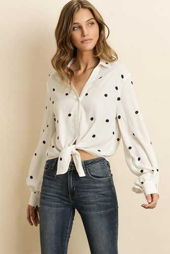 Polka Dot Tie Front Tie Knot Top - Raw Fashion  , Tops, polka-dot-tie-front-tie-knot-top, Autumn, Blouse, Fall, Long Sleeve, Summer, Warm, Womens women's clothing modern style unique canada order online